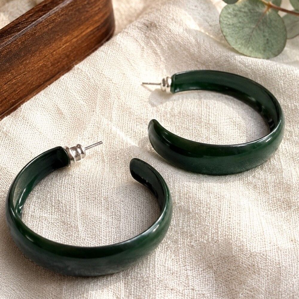 Vintage Dark Green Enamel Metal Hoop Earrings Chunky Wide Statement Pierced